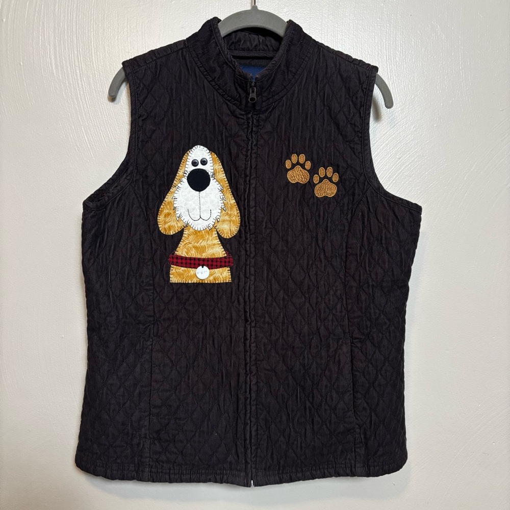 Basic Editions Women Quilted Vest Handmade Appliqué Embroidered Brown Large